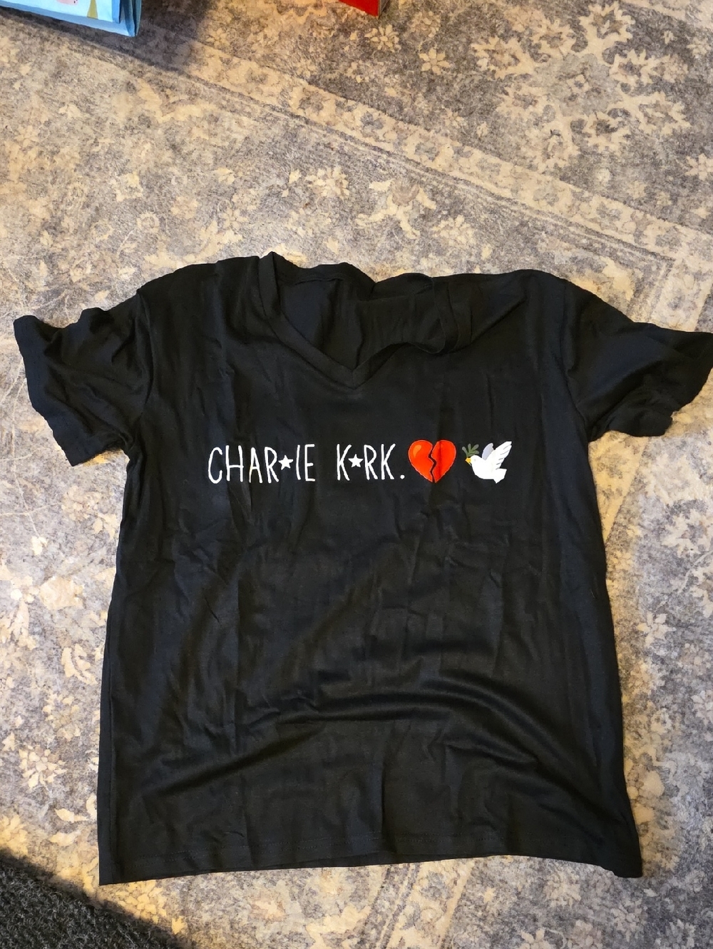 Black Short Sleeve Graphic Tee with Red Heart and White Dove